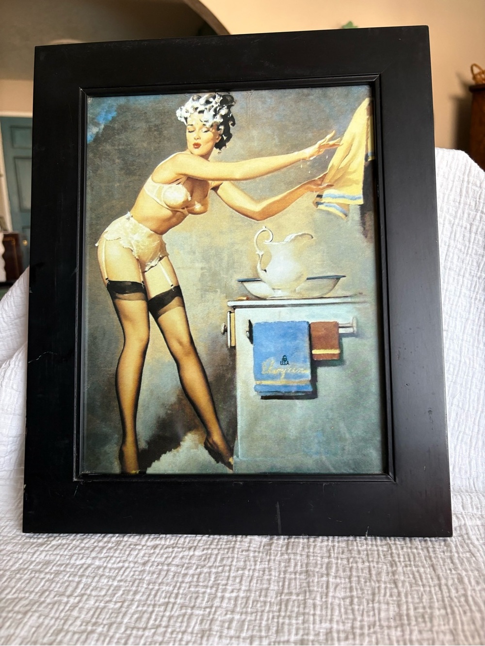 Vintage 1950’s Pin Up Girl Boudoir Print Black Frame Ready To Hang 16” X 13”